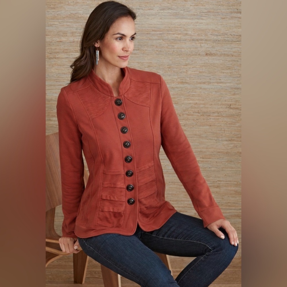 Neon Buddha Sz XS Rust Jacket Stretch Button Front Steampunk Boho Academia